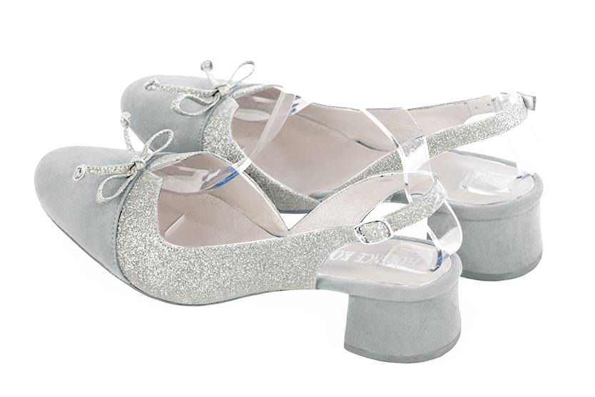 Pearl grey and light silver women's open back shoes, with a knot. Round toe. Low flare heels. Rear view - Florence KOOIJMAN